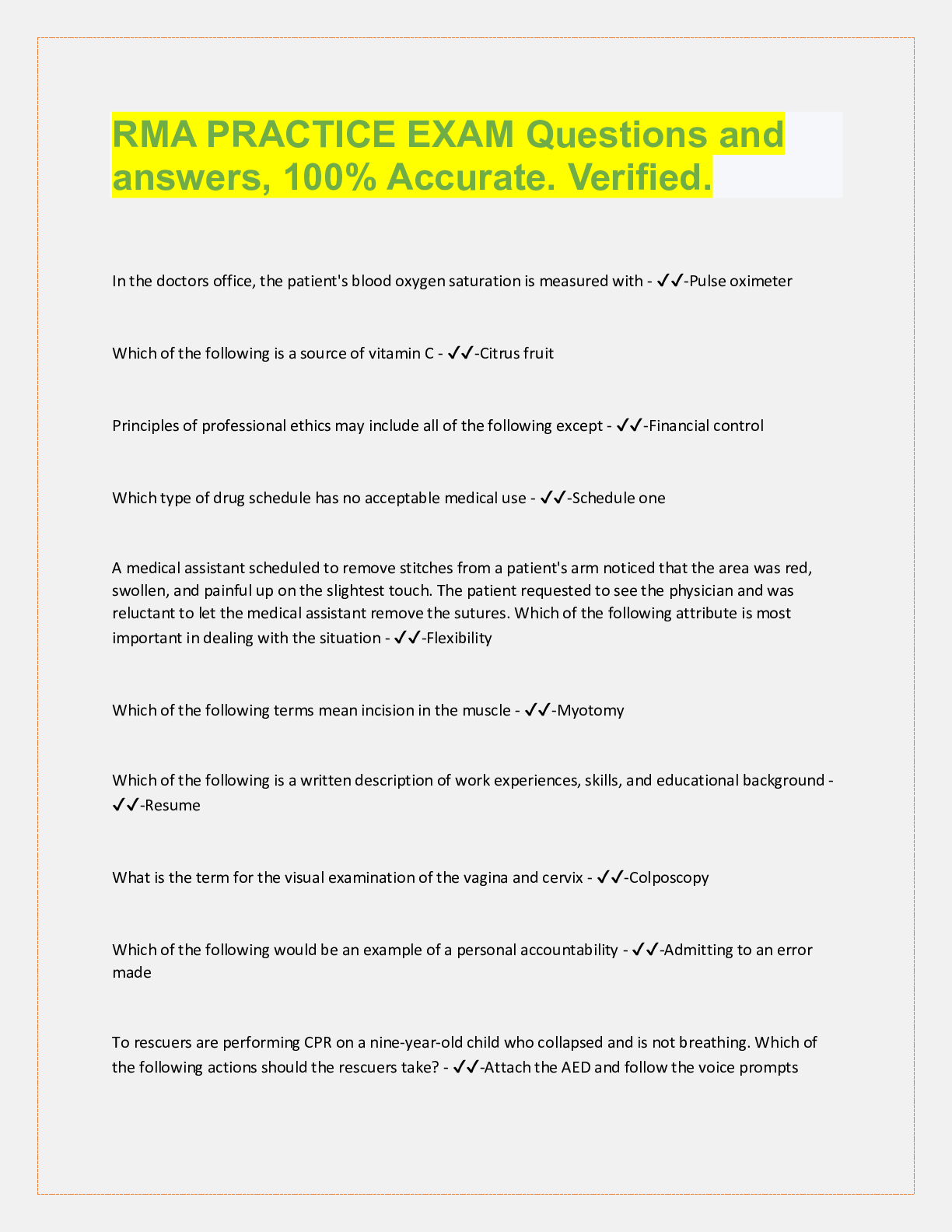Preview image for RMA PRACTICE EXAM Questions and  answers, 100% Accurate. Verified.